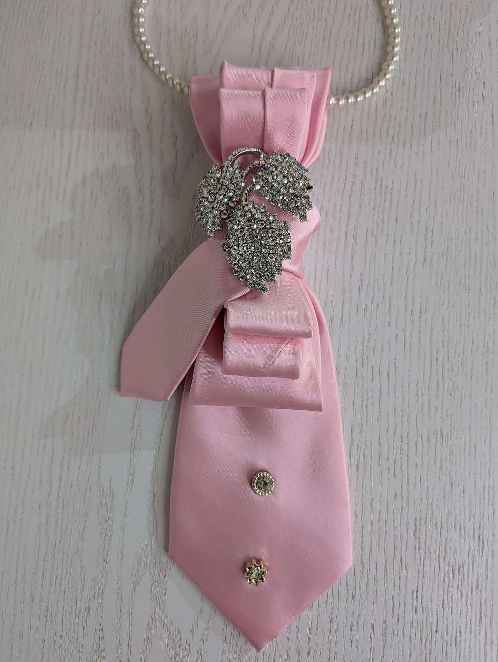 Elegant Pink Ribbon Necklace with Crystal Leaf Brooch